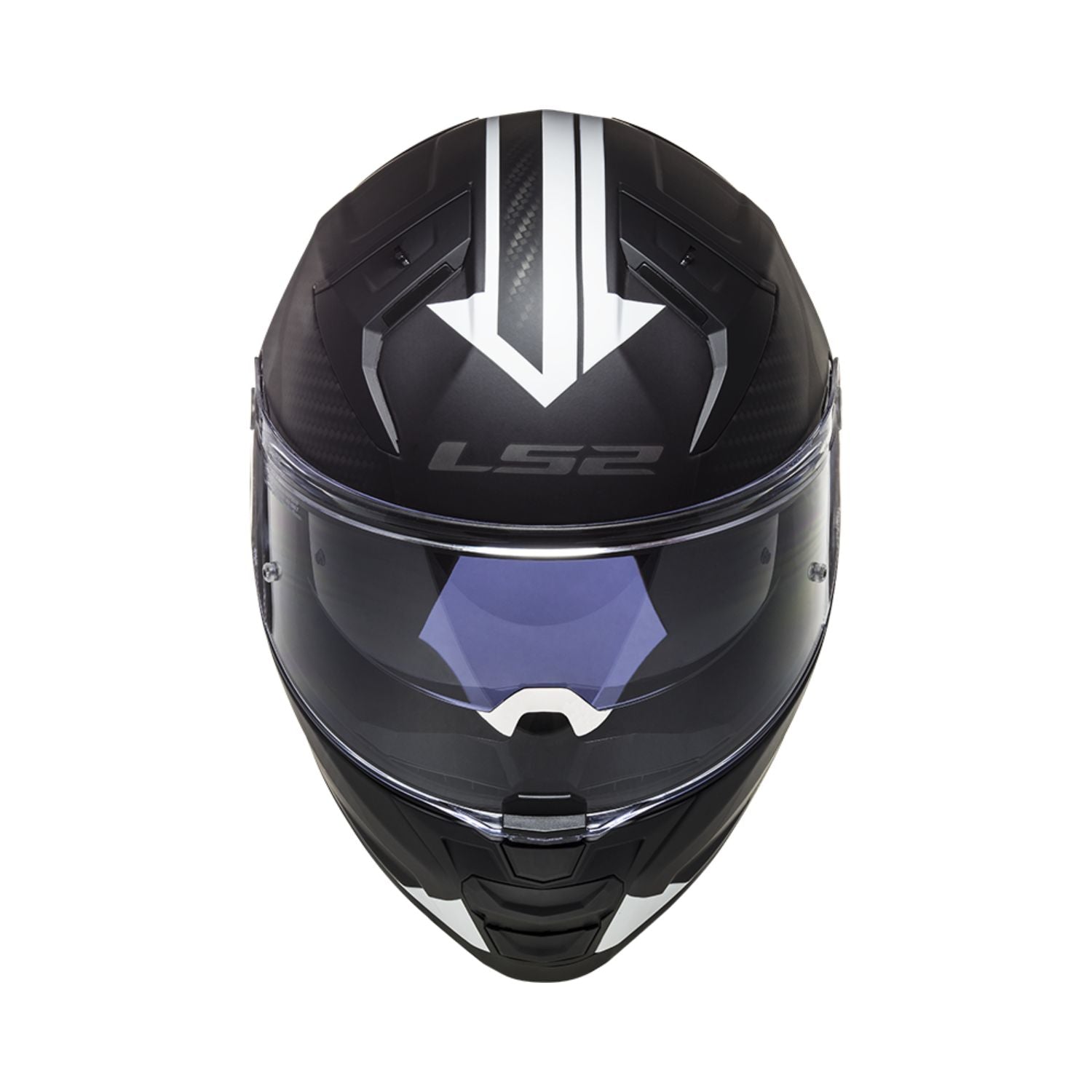 Matte black/white full-face helmet with LS2 emblem and dark visor
