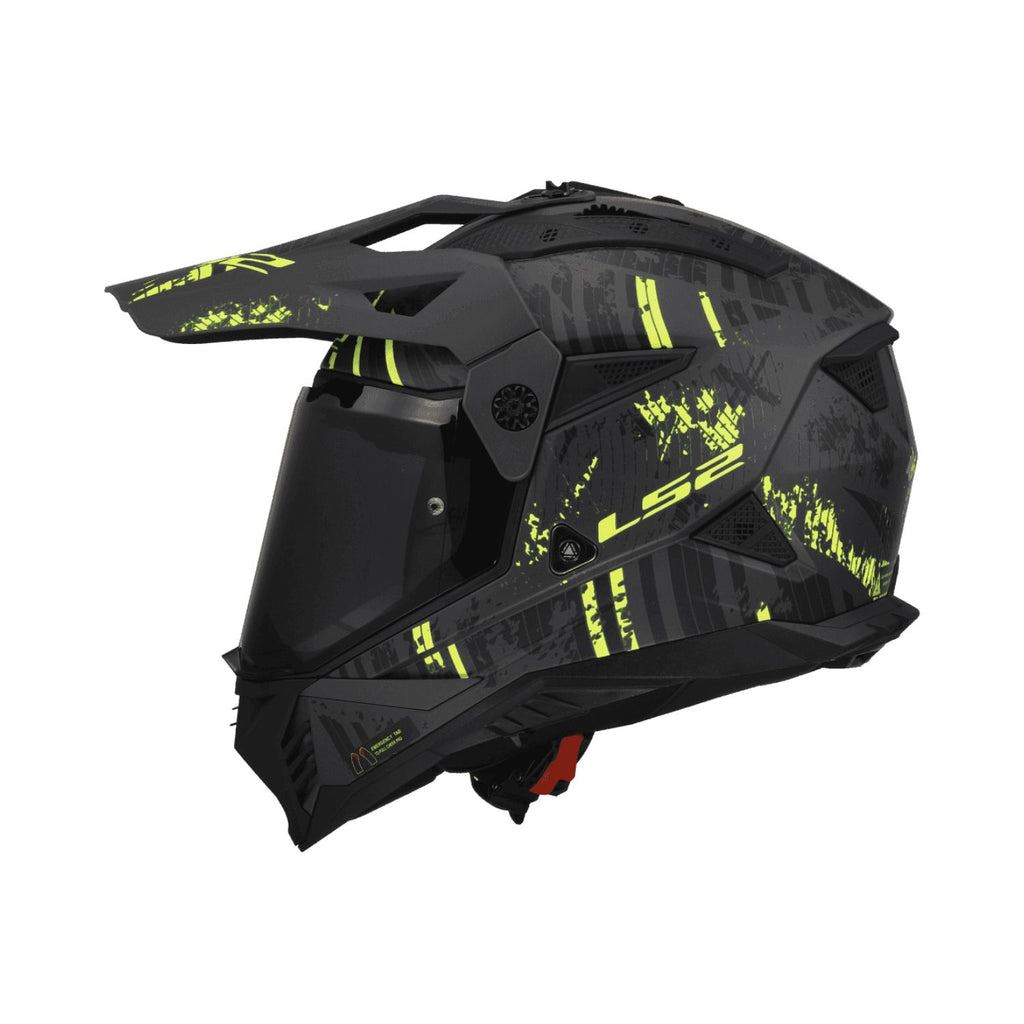 MX436 Pioneer II off-road helmet side view, matte black with neon yellow decals