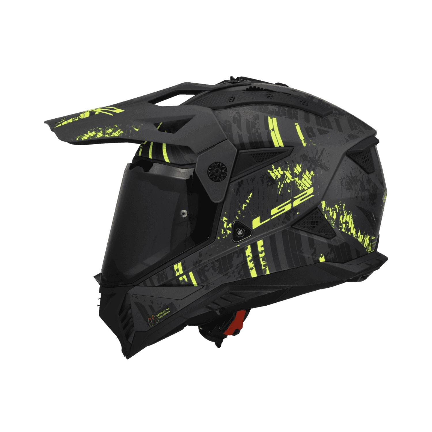 MX436 Pioneer II off-road helmet side view, matte black with neon yellow decals