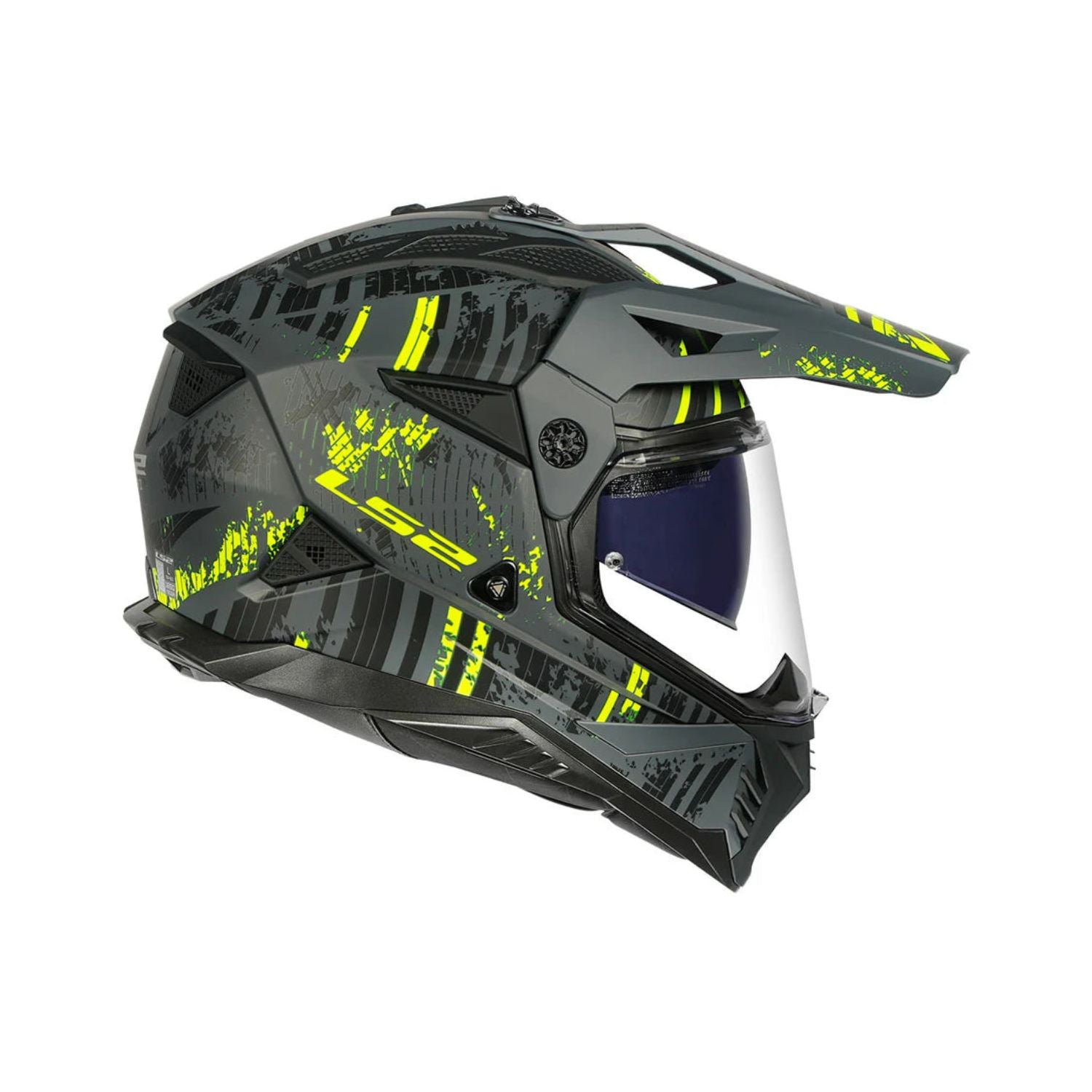 MX436 Pioneer II off-road helmet, side close-up with clear visor and neon yellow accents