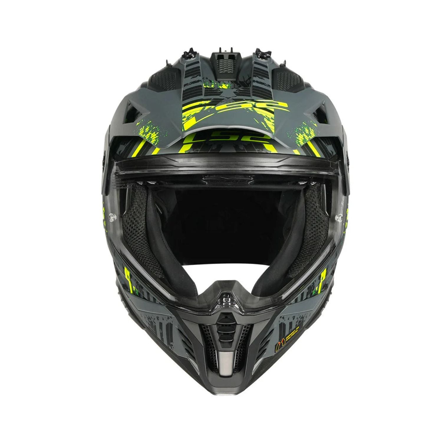 MX436 Pioneer II off-road helmet front view, matte black with neon yellow details