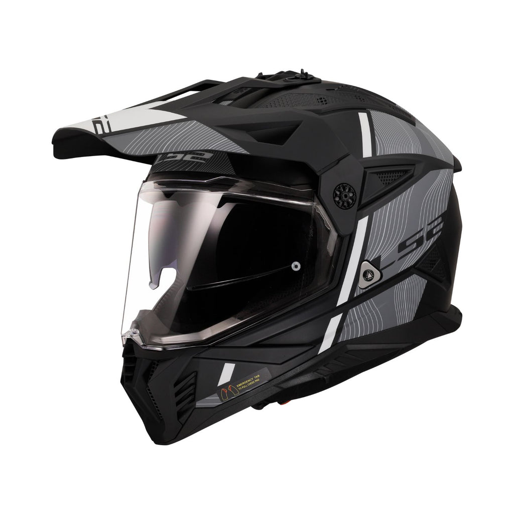 LS2 MX436 Pioneer II Helm, mattschwarz mit weißem Grafikdesign und Klappvisier