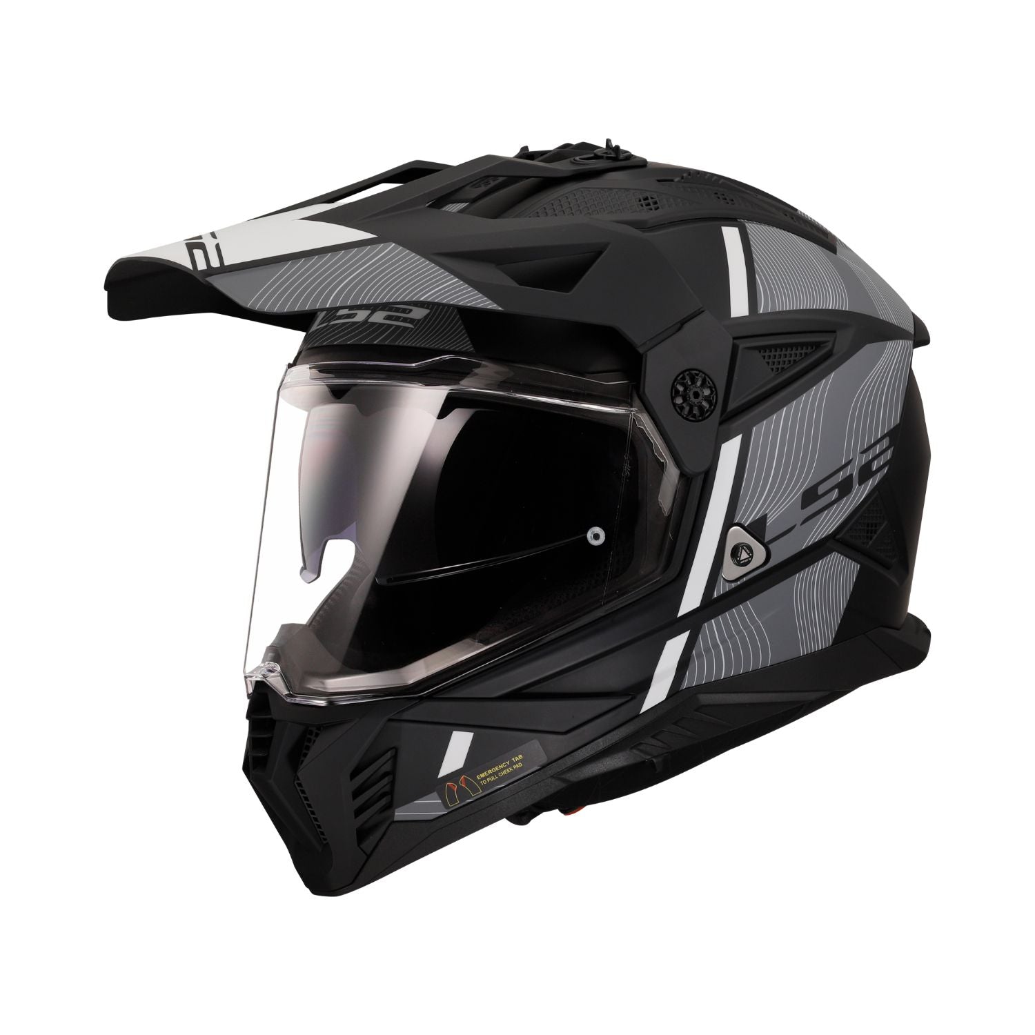 LS2 MX436 Pioneer II Helm, mattschwarz mit weißem Grafikdesign und Klappvisier