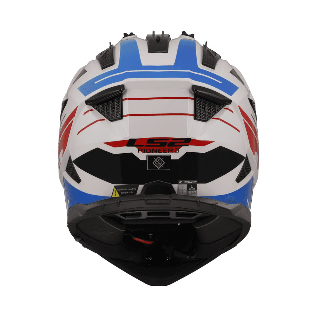MX436 Pioneer II Helm Rückansicht: weiß, blau, rot mit Lüftungseinsätzen