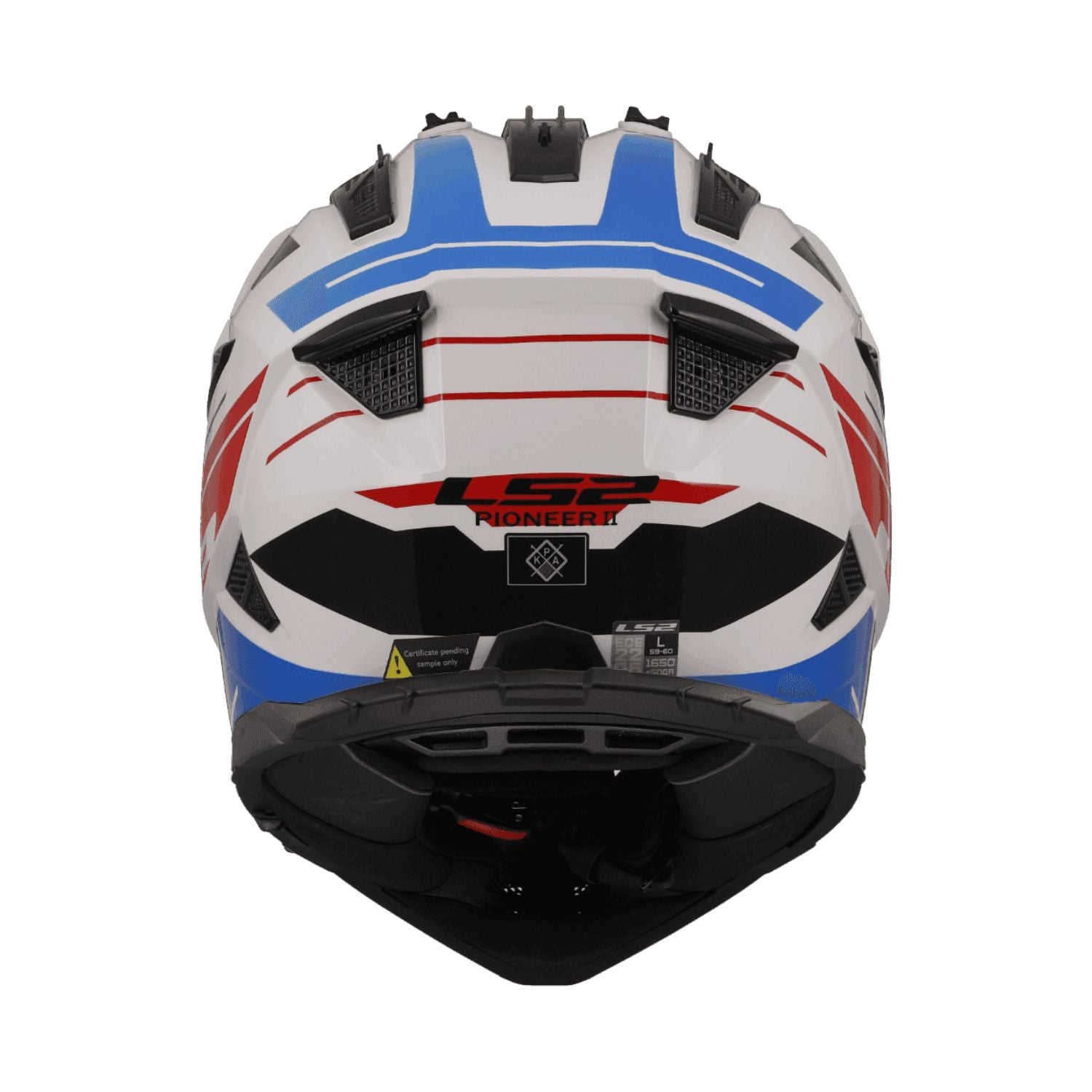 MX436 Pioneer II Helm Rückansicht: weiß, blau, rot mit Lüftungseinsätzen