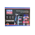 Liqui Moly Performance Shooter Pack box with three motorbike additive bottles