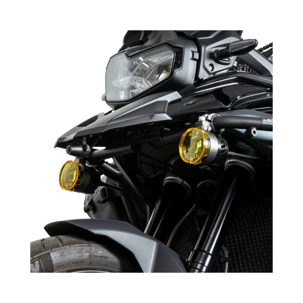 Loboo L75 auxiliary light on motorcycle front, yellow round lens and black housing