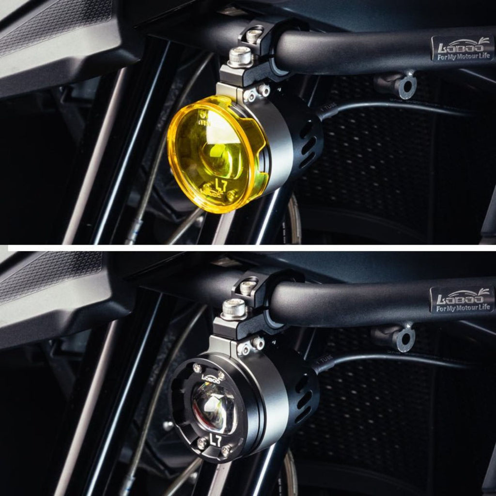 Loboo L75 auxiliary light close-up, yellow lens with L7 marking on black body