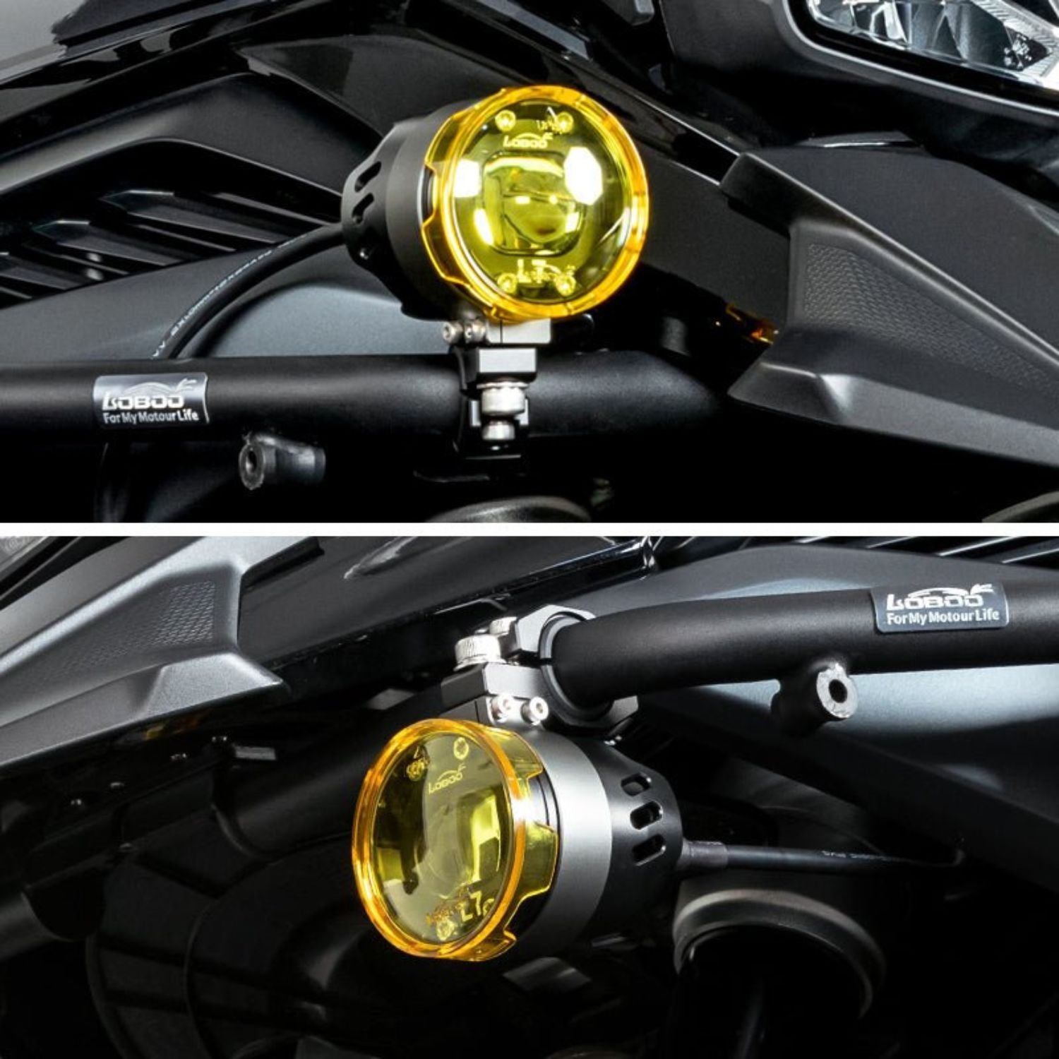 Loboo L75 auxiliary light with yellow lens and metal mount on motorcycle fairing