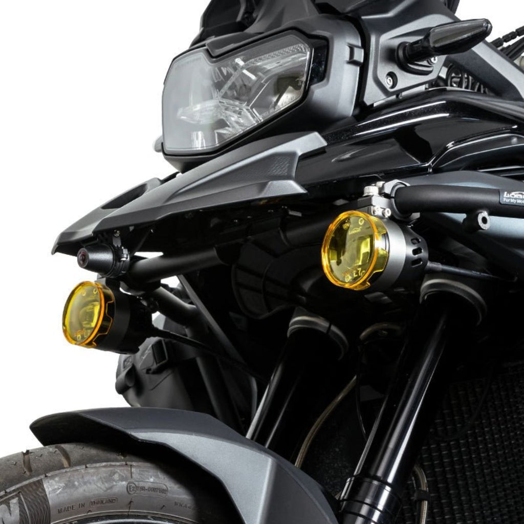 Loboo L75 auxiliary lights on motorcycle, one main yellow lamp and a second smaller one