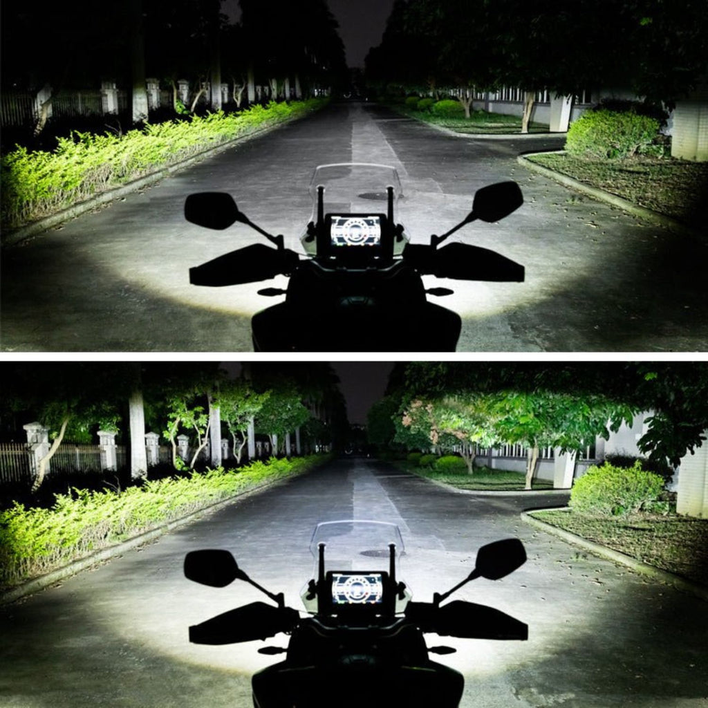 Loboo L75 auxiliary light at front of motorcycle, lights on, beams centered