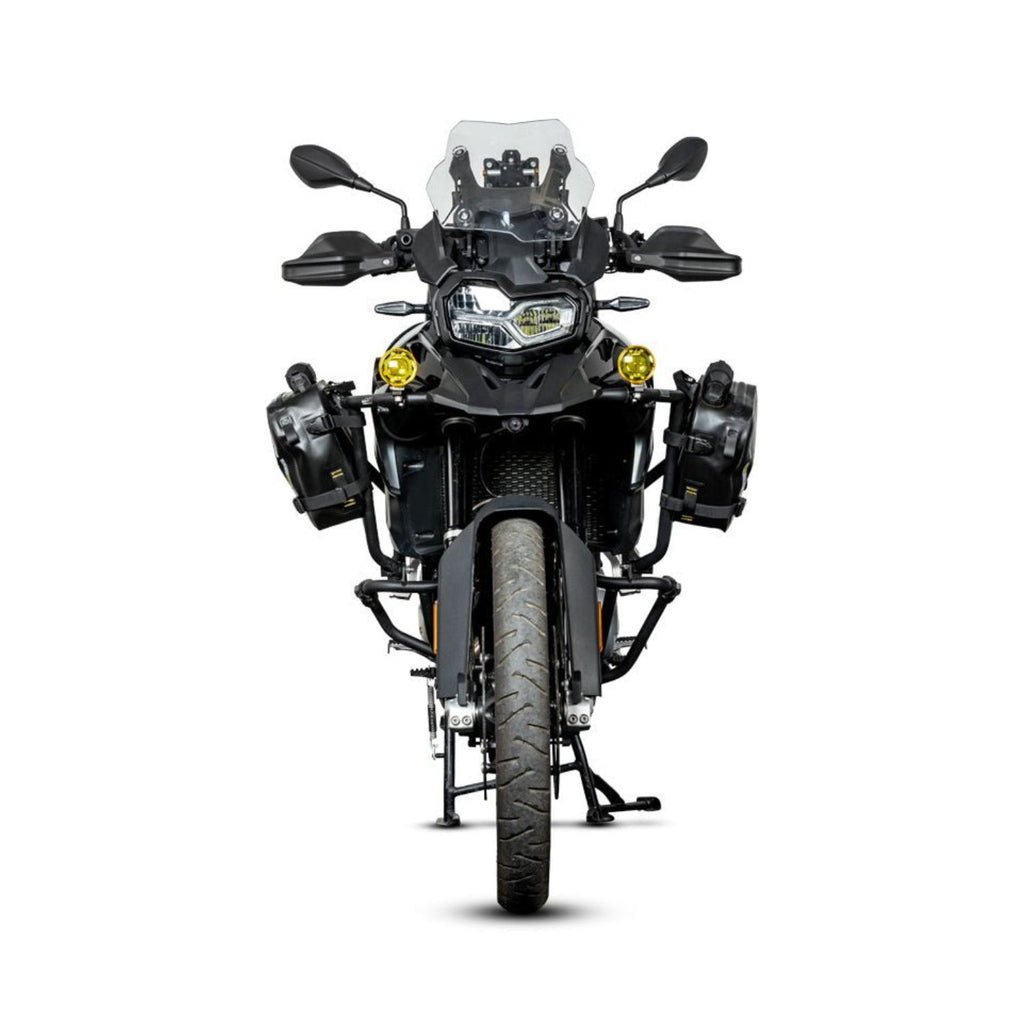 Loboo L75 auxiliary light on black motorcycle front, yellow auxiliary lamps visible