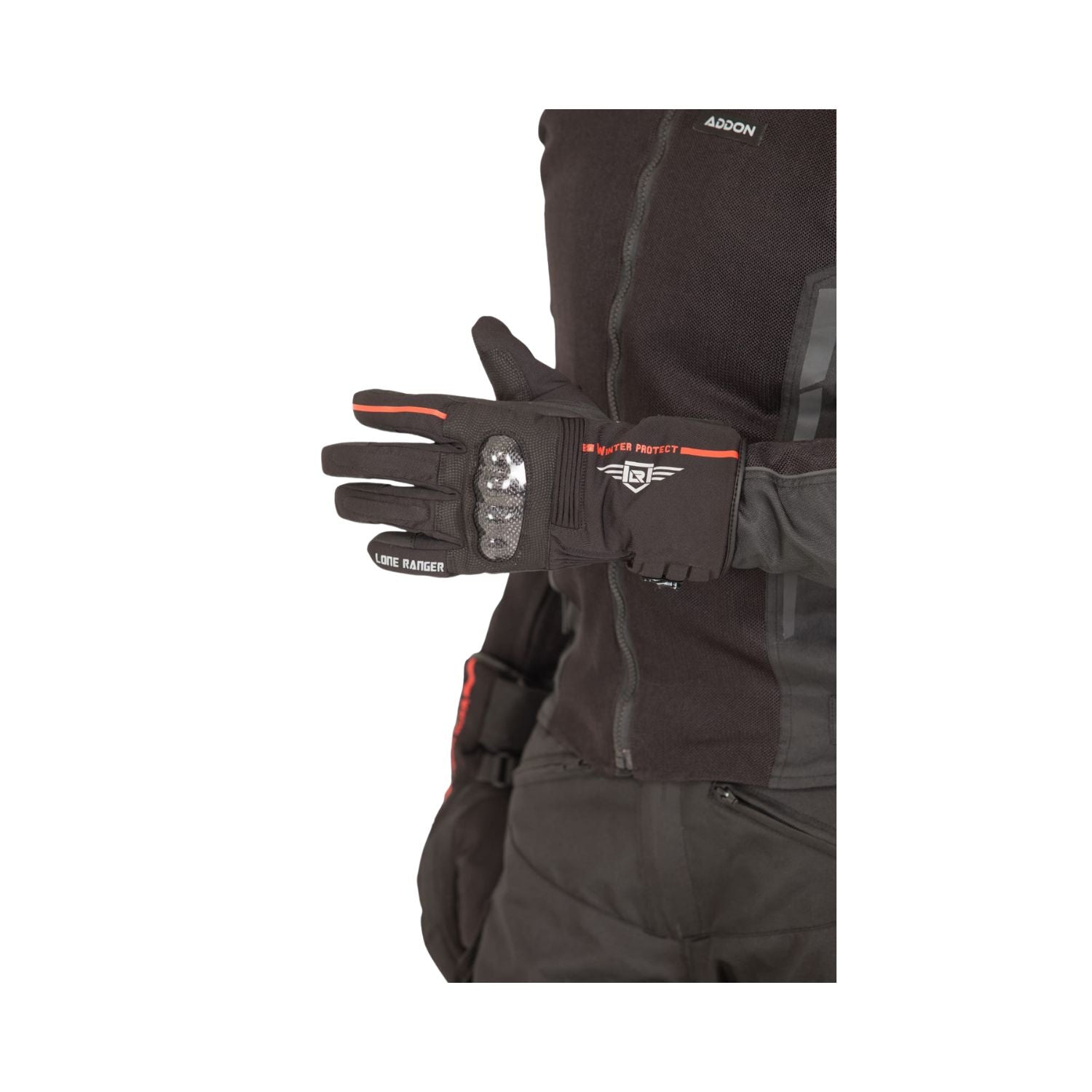 Lone Ranger DRYD V2 waterproof riding gloves, black with red accents and knuckle armor