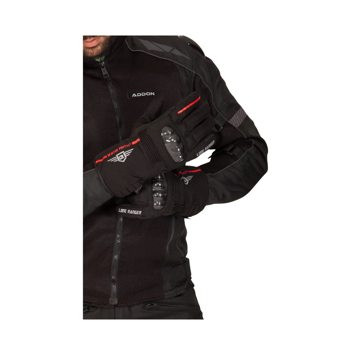 DRYD V2 riding gloves: black armored knuckles, red trim, adjustable wrist strap