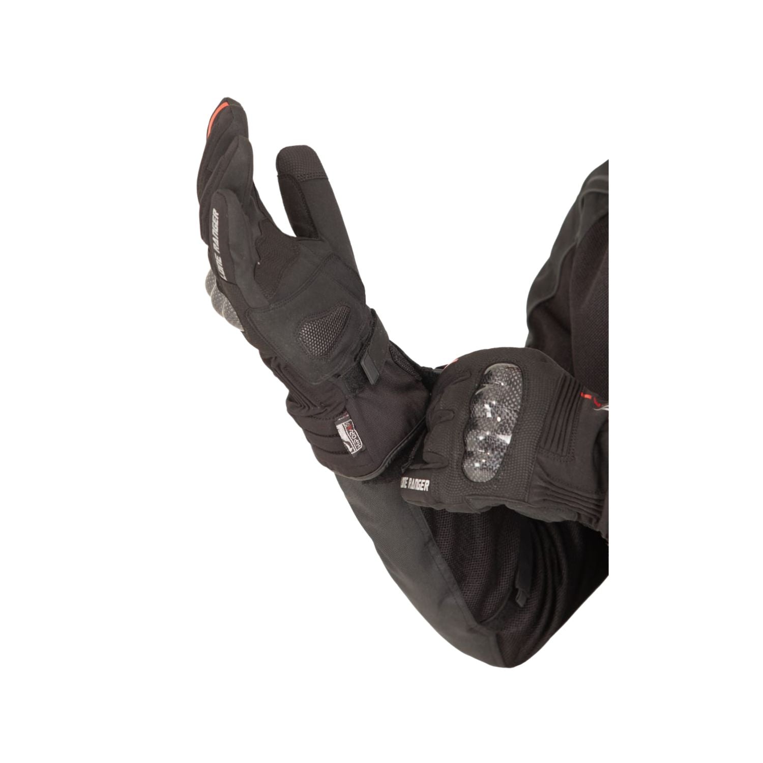 Black DRYD V2 riding glove palm view with textured grip and knuckle protector