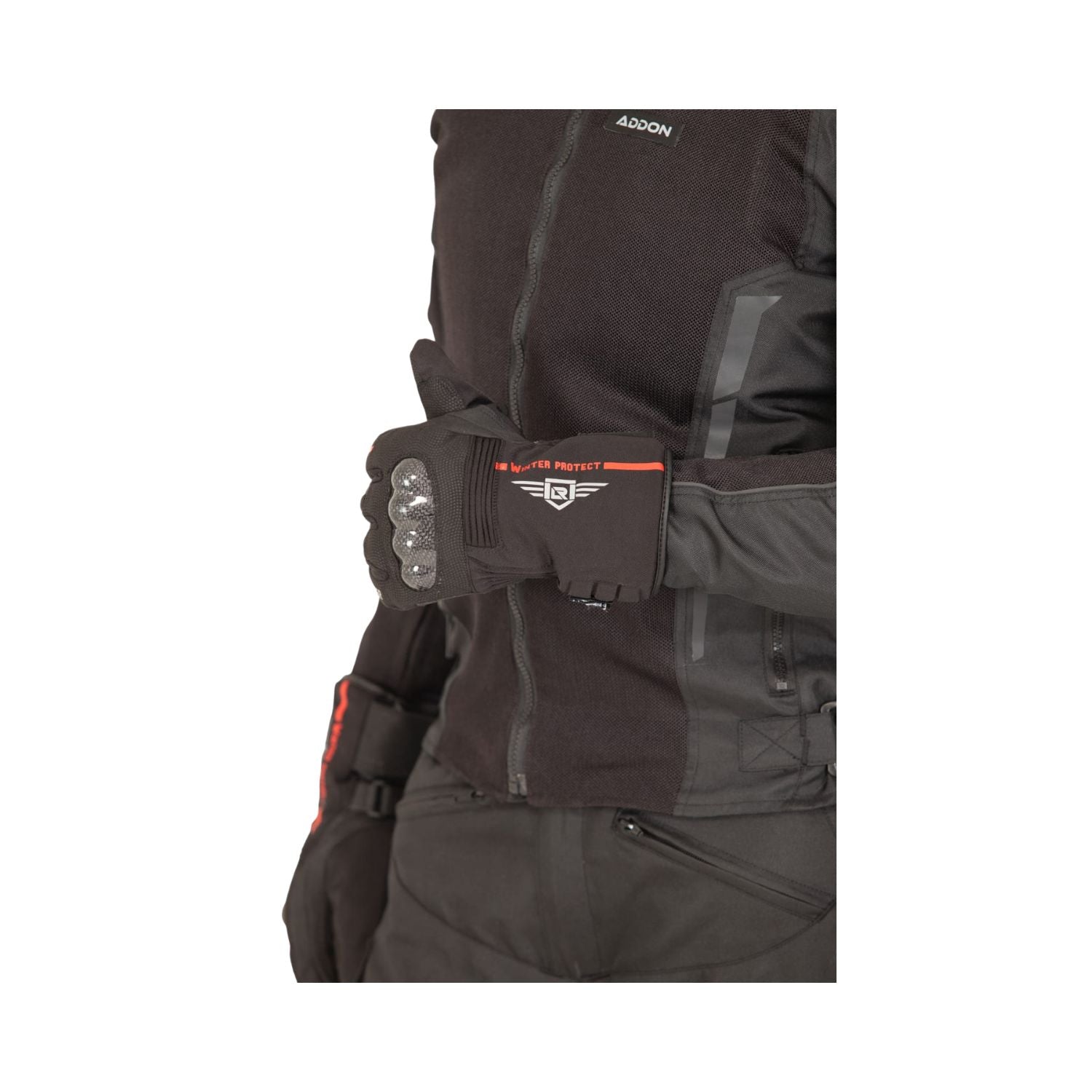 DRYD V2 waterproof riding glove with ADDON logo, armored backhand, red detail