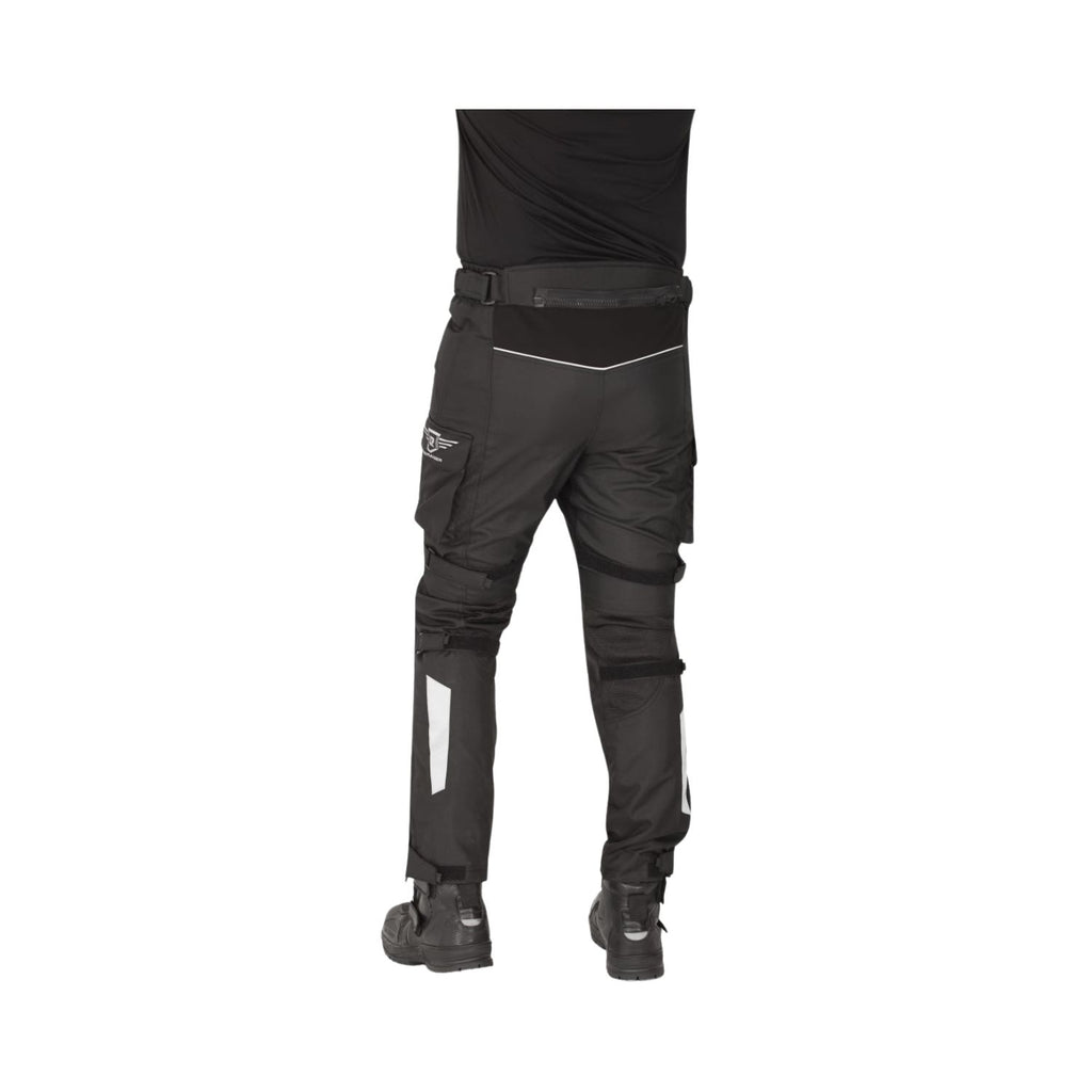 Black riding pants XL, side view with leg straps and reflective ankle stripes