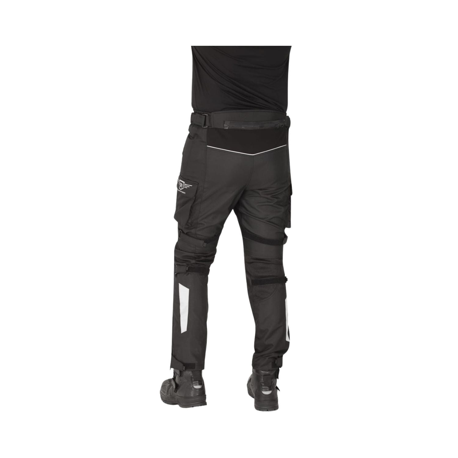 Black riding pants XL, side view with leg straps and reflective ankle stripes