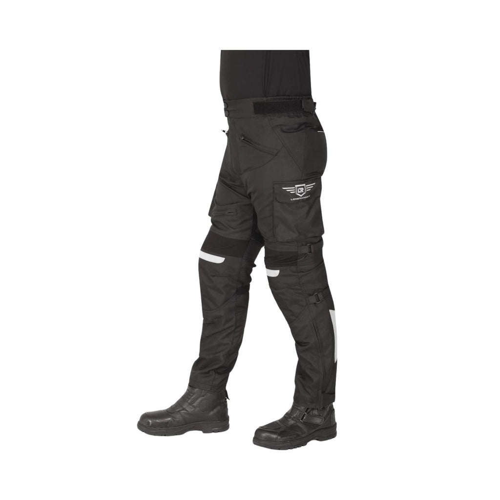 Black riding pants side view: reinforced knees, cargo pocket, reflective bands on calf