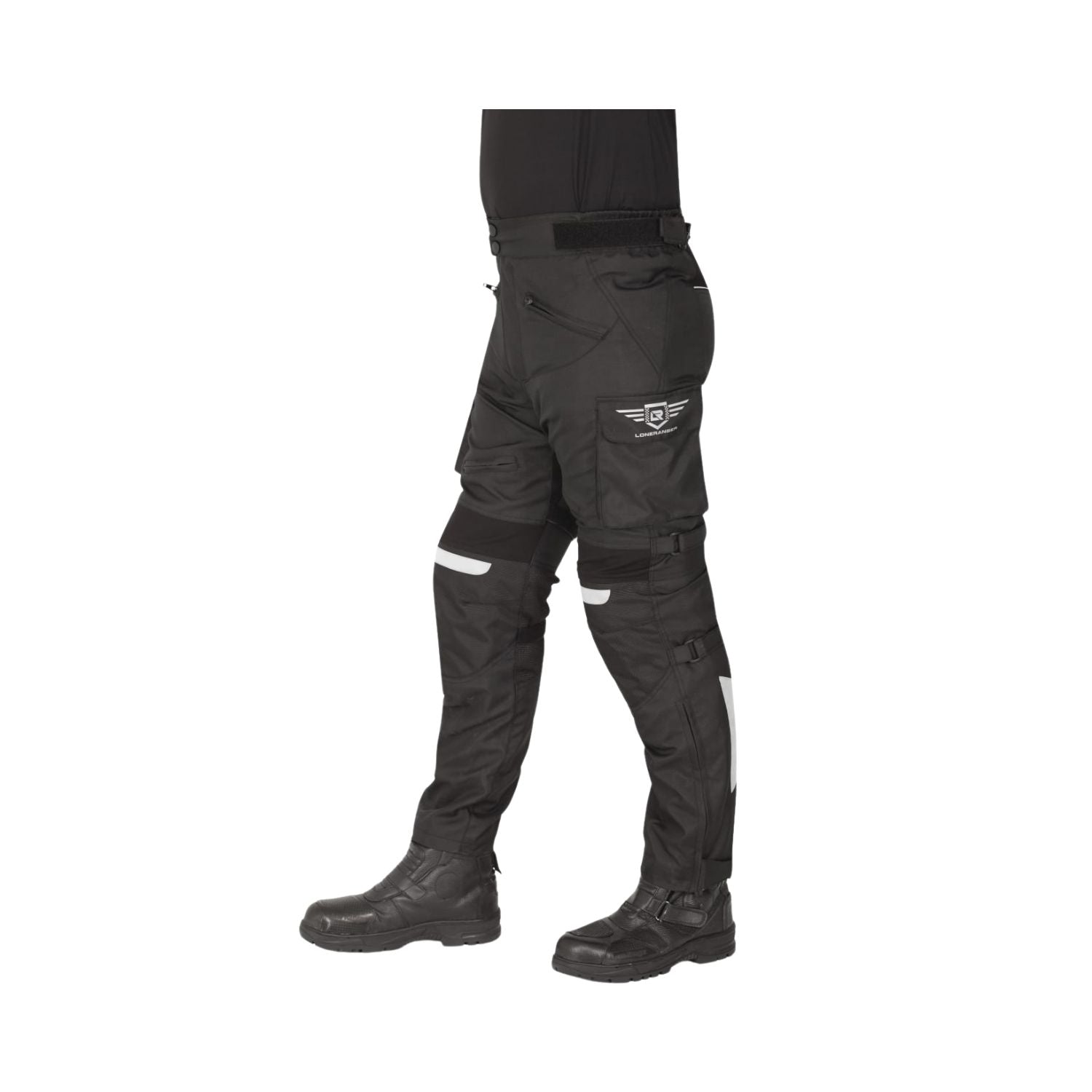 Black riding pants side view: reinforced knees, cargo pocket, reflective bands on calf