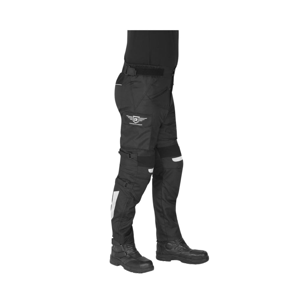 Black riding pants with tailbone patch, side seams and knee panels, reflective stripe