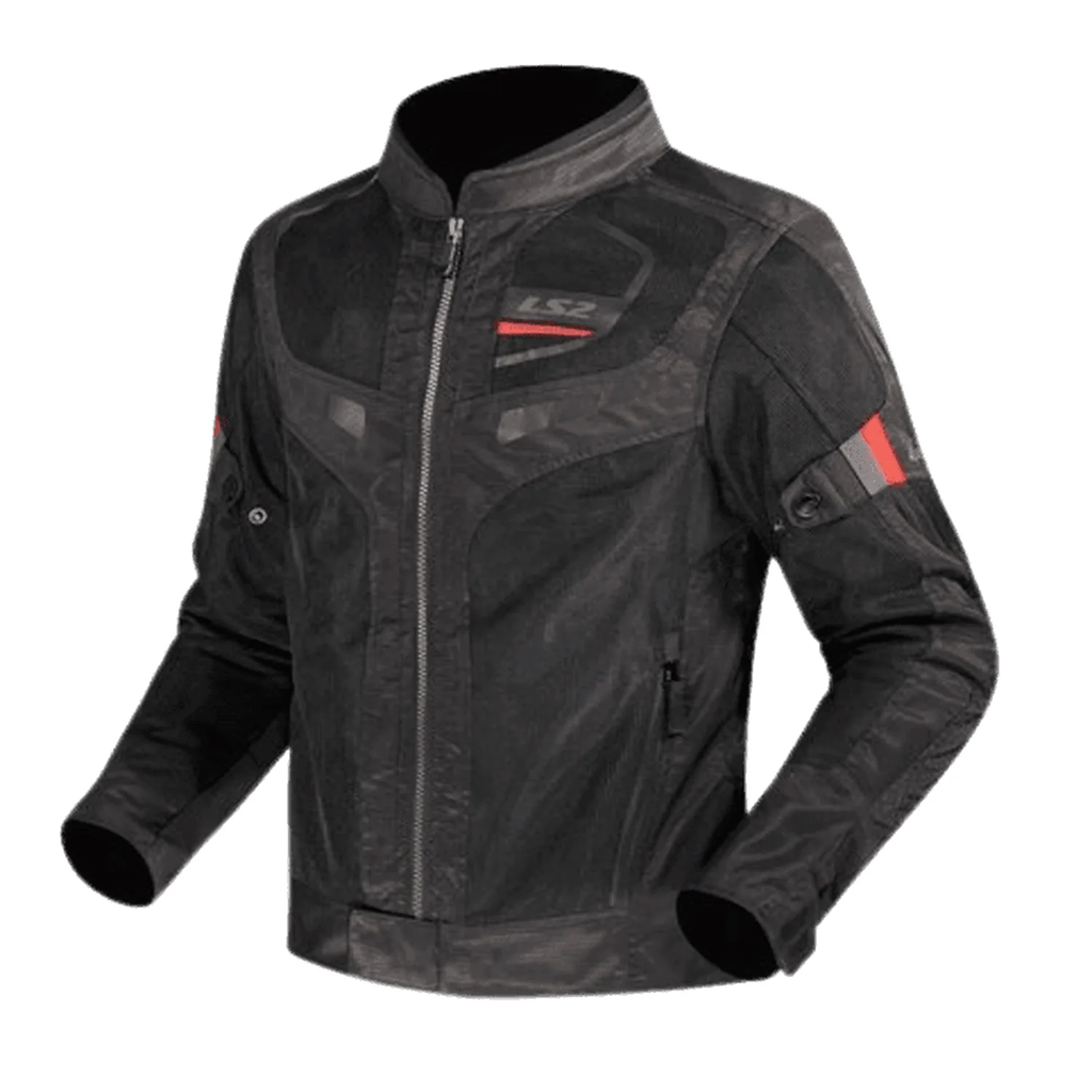 LS2 Garda air riding jacket, black with red accents and front zipper