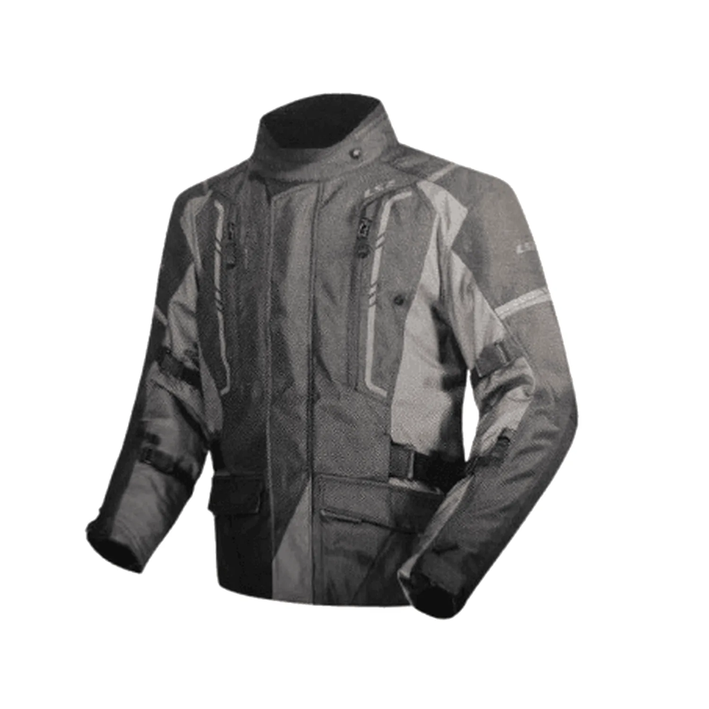 LS2 riding jacket in dark gray/black with high collar, front zip, and side pockets