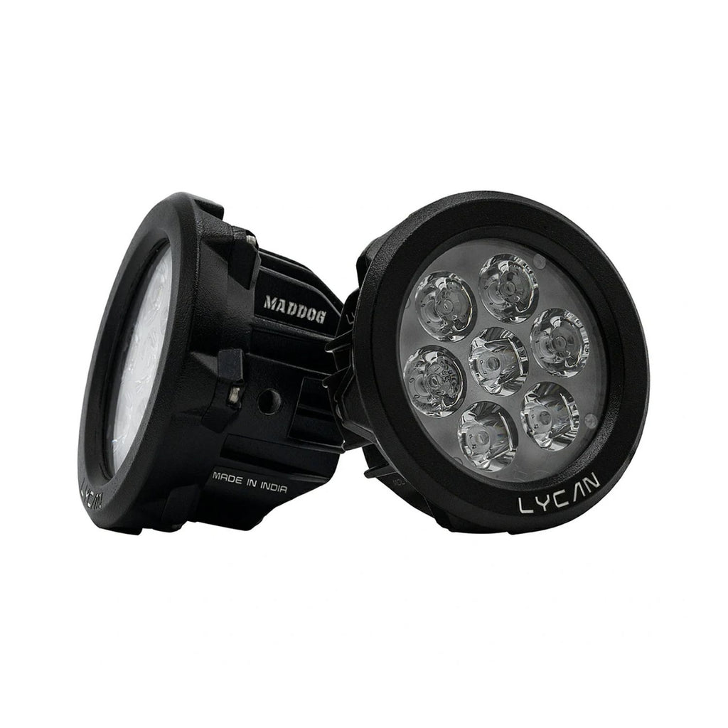 Lycan fog lights, one angled view, black bezel with multi-LED projector bulbs