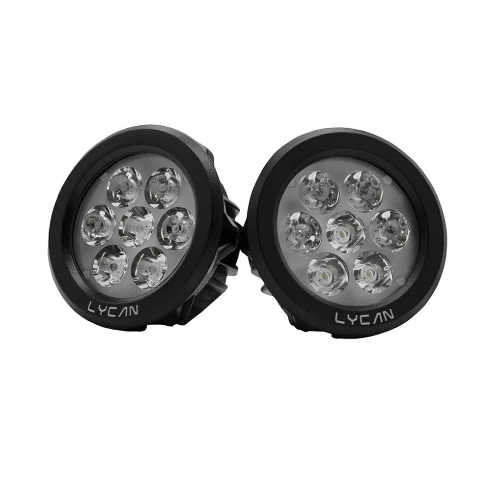 Lycan fog lights with two round LED arrays and black mounting brackets