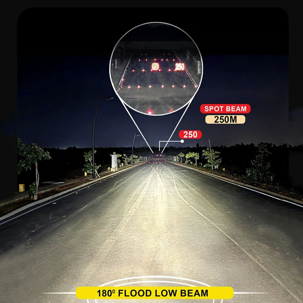 Lycan fog lights illuminating road: 180° flood low beam and 250 m spot beam