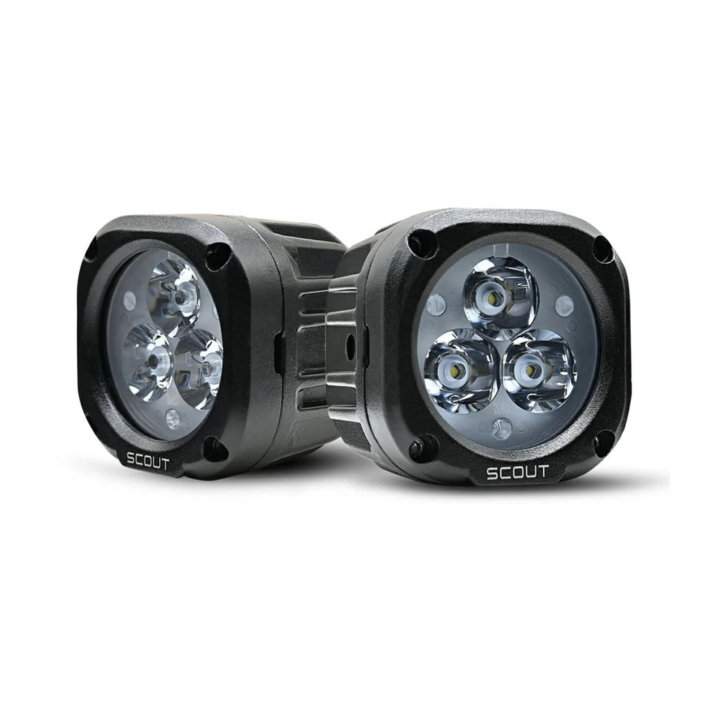 Pair of Scout 20W fog lights in black housings, front view with triple LED reflectors