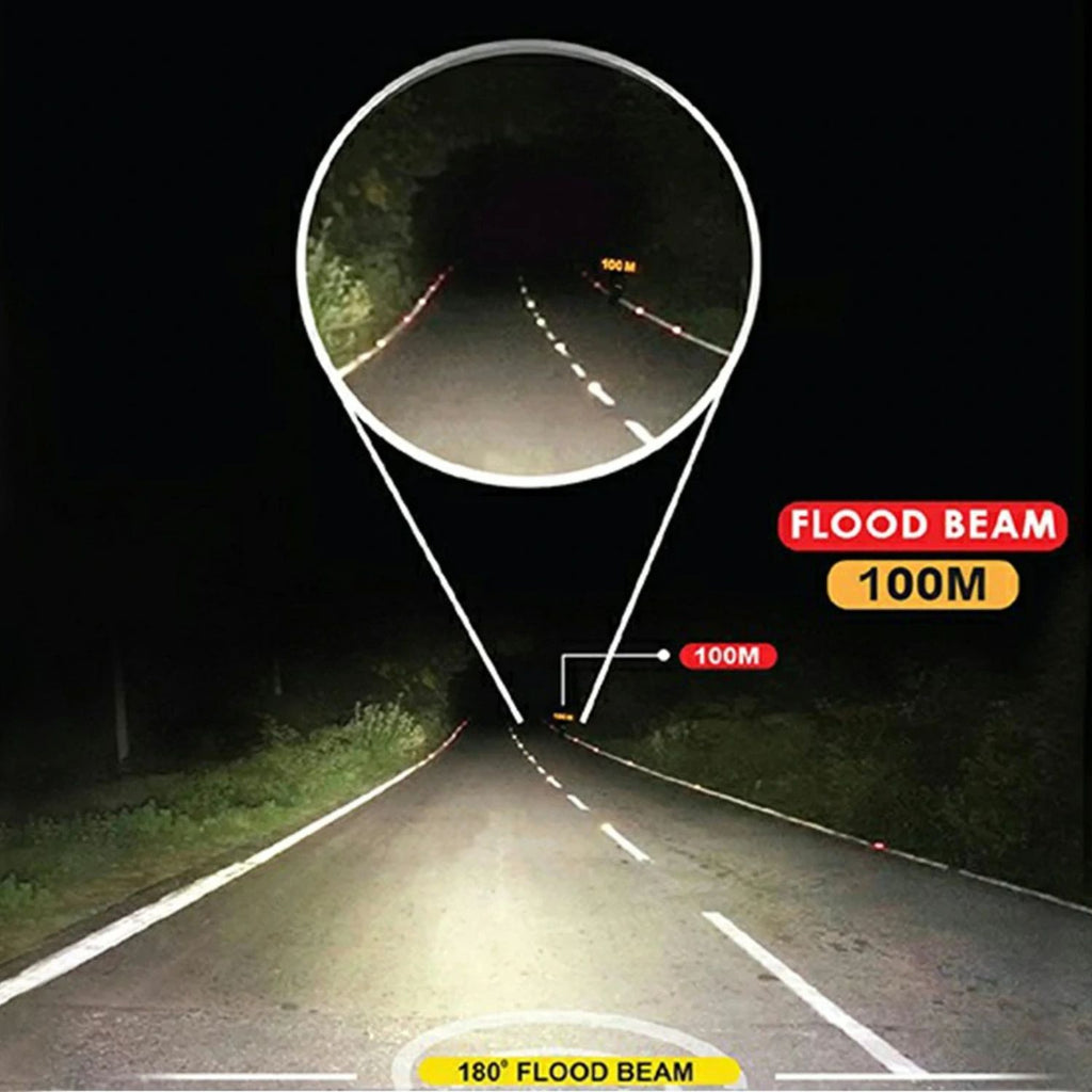 Fog light beam coverage diagram: 180° flood beam, up to 100 m range