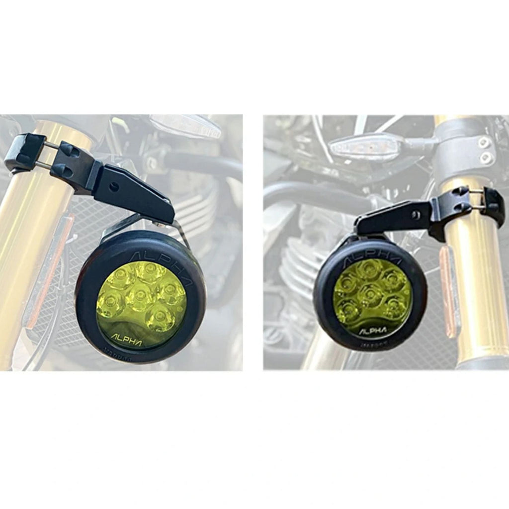 Installed universal fork mount with headlight-style light on motorcycle fork