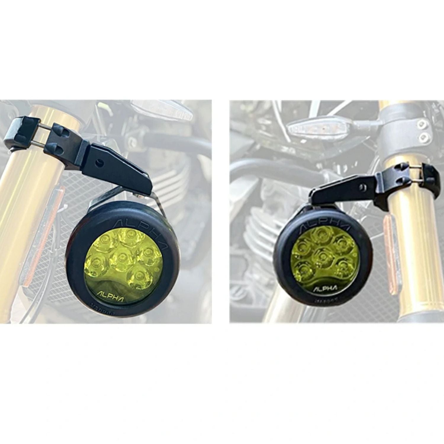Installed universal fork mount with headlight-style light on motorcycle fork