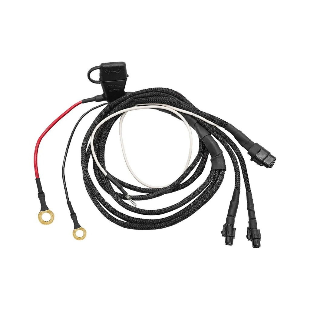 Wire harness with black braided leads, red wire, and multi-pin connectors