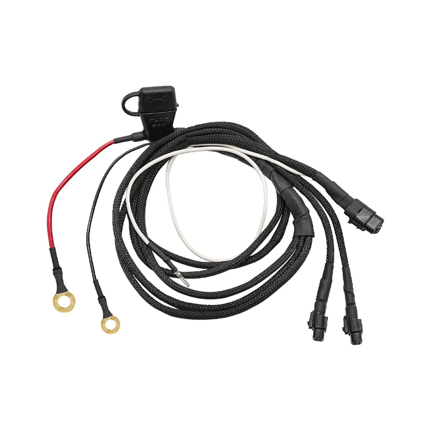 Wire harness with black braided leads, red wire, and multi-pin connectors
