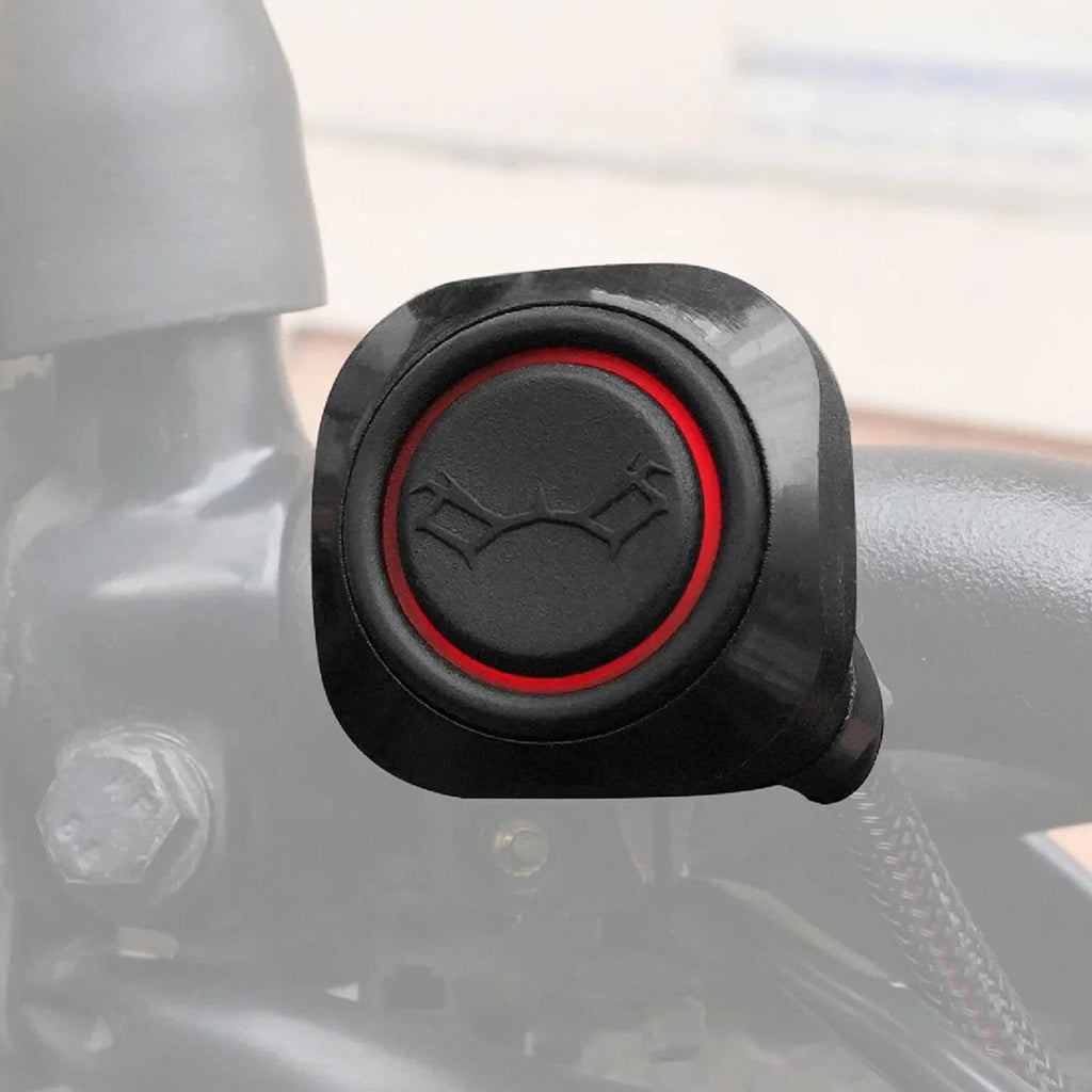 Red-ring switch button with embossed icon on rubber housing