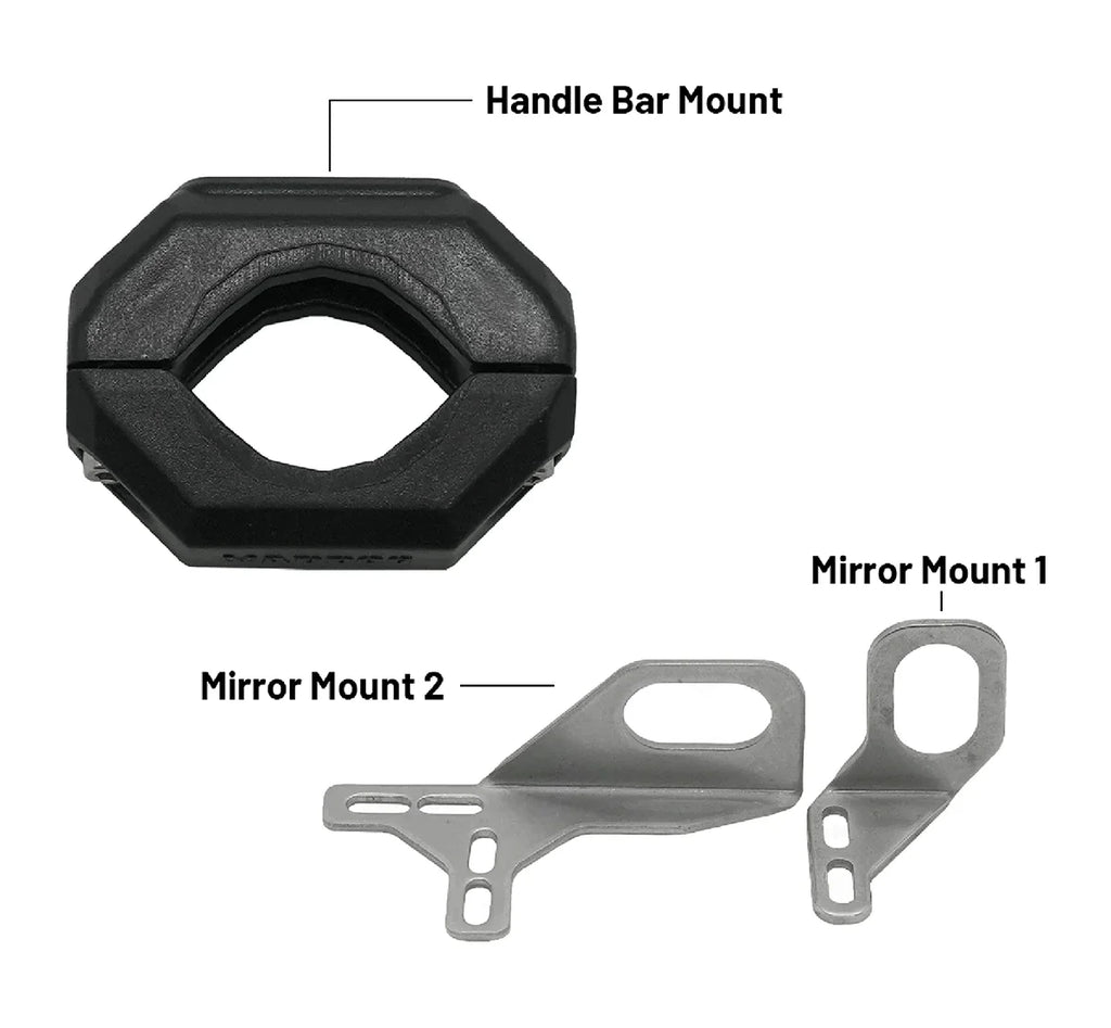 Mounting hardware: handlebar mount and mirror mounts included for switch harness