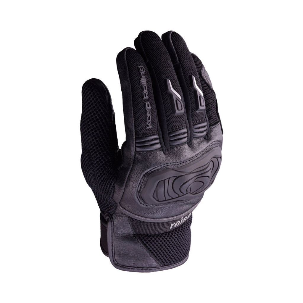 Reise Austra black gloves close-up: padded palm and knuckle protectors