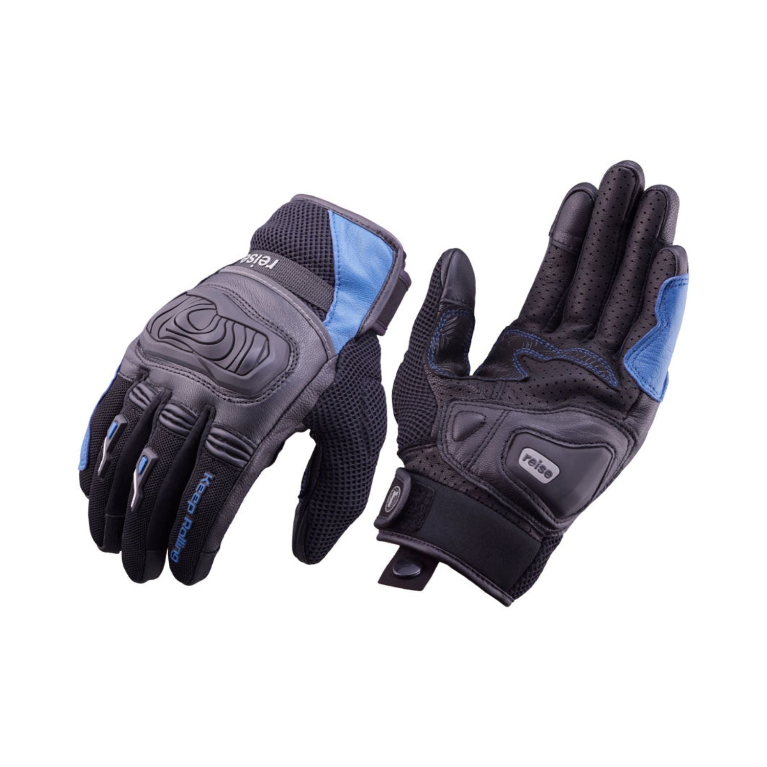 Blue Reise Austra gloves with perforated knuckles and padded palm panels