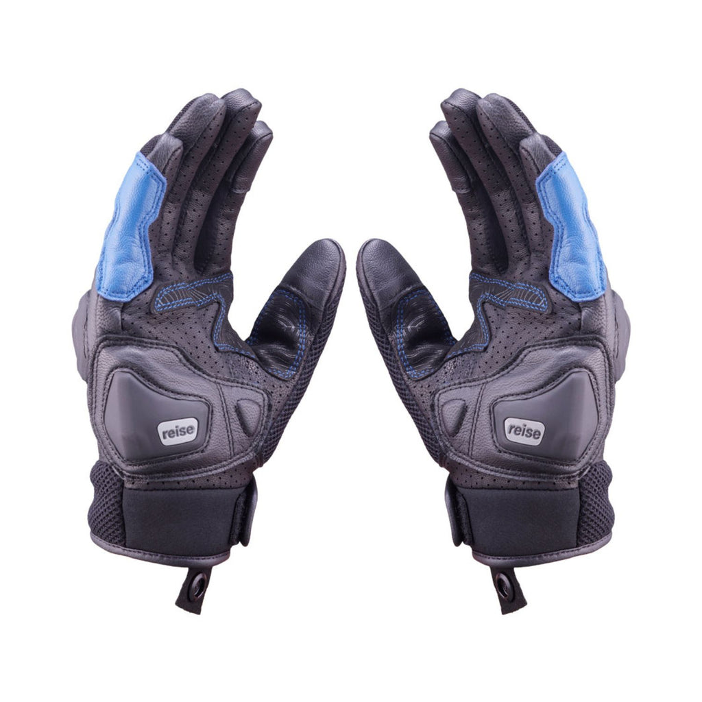 Blue Reise Austra gloves back view with logo patch and hook-and-loop cuff