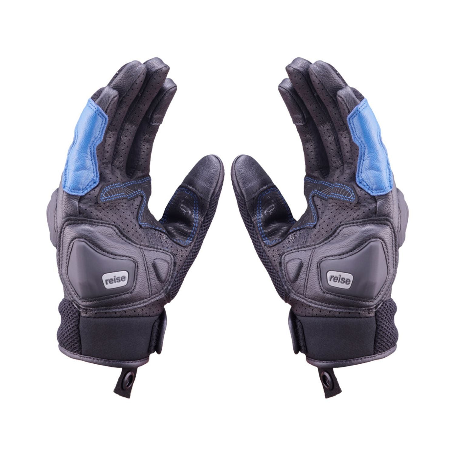 Blue Reise Austra gloves back view with logo patch and hook-and-loop cuff