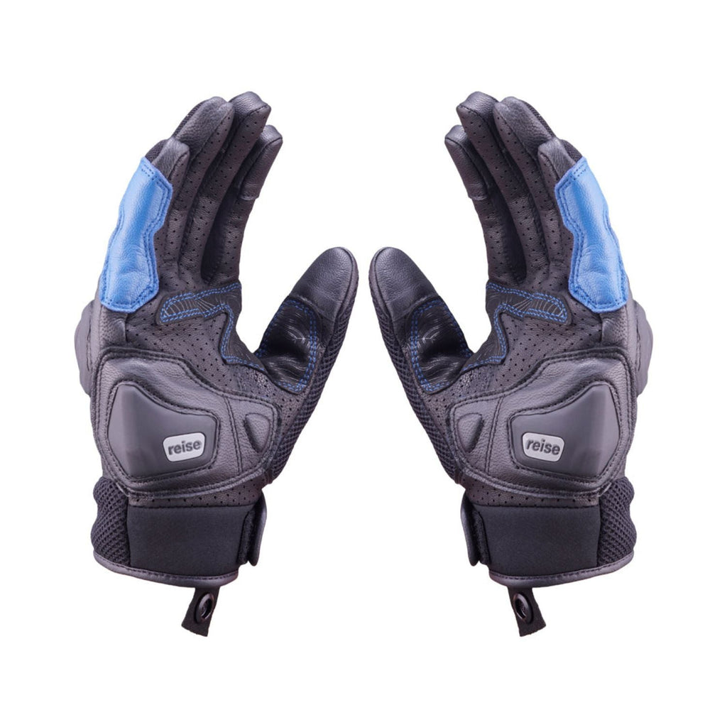 Reise Austra blue gloves back view with logo patch and hook-and-loop cuff
