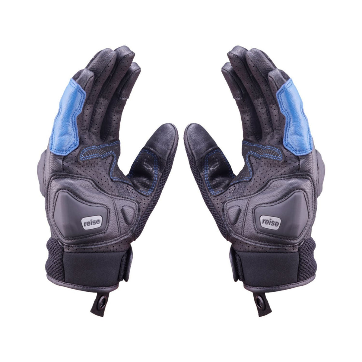 Reise Austra blue gloves back view with logo patch and hook-and-loop cuff