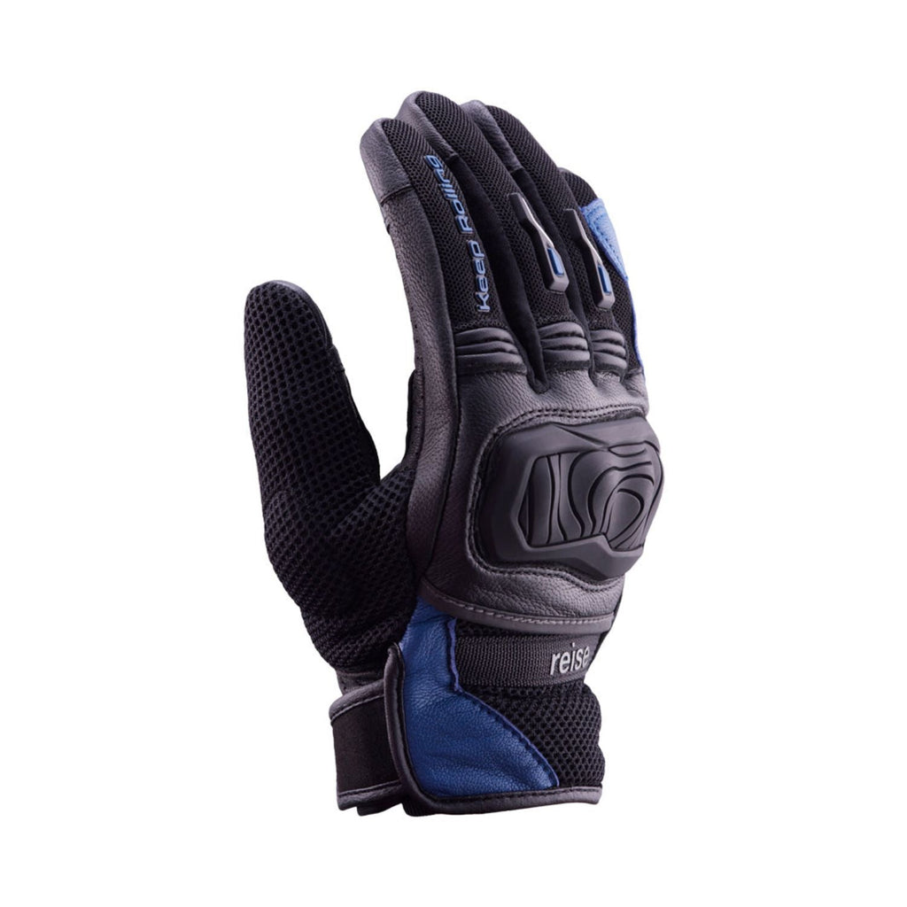 Reise Austra blue glove side view: vented back, knuckle padding, cuff strap