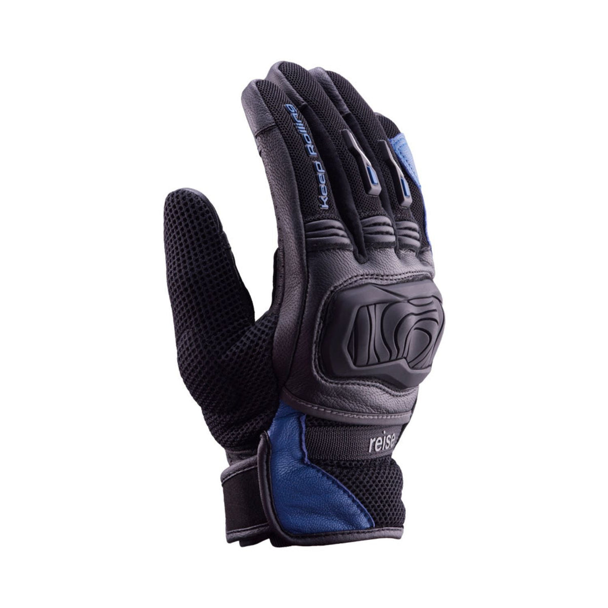 Reise Austra blue glove side view: vented back, knuckle padding, cuff strap