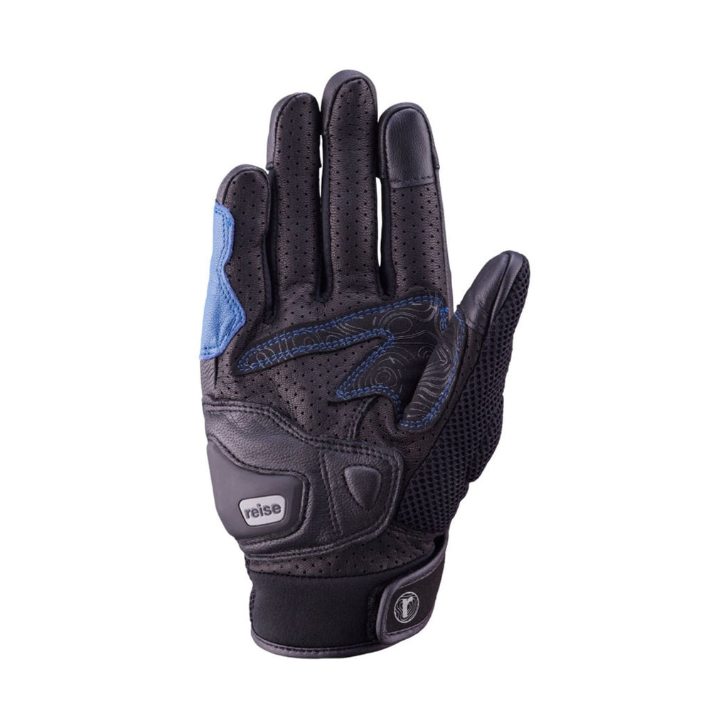 Reise Austra blue glove close-up of palm with protective padding and logo patch
