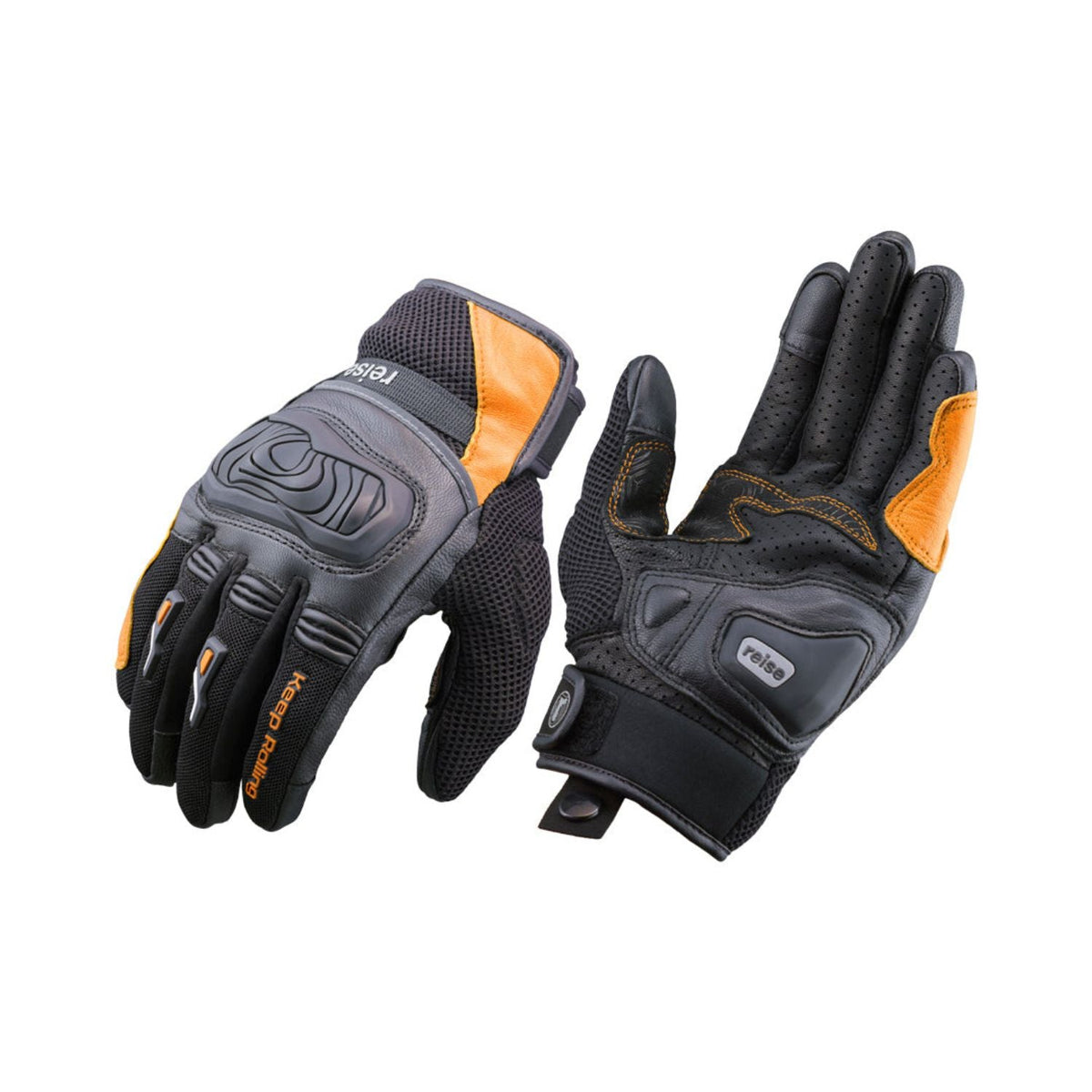 Reise Austra gloves with perforated knuckle pads, black and grey leather, orange accents