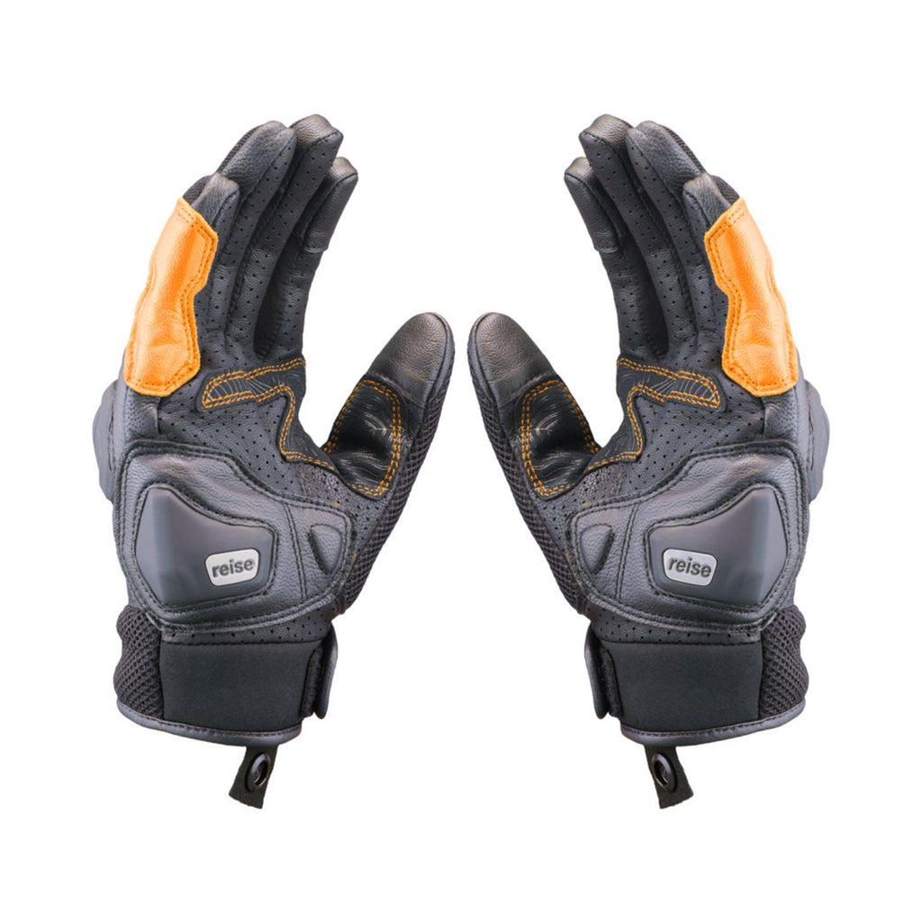 Pair of riding gloves with black mesh backs, gray palm panels, and orange cuff details.