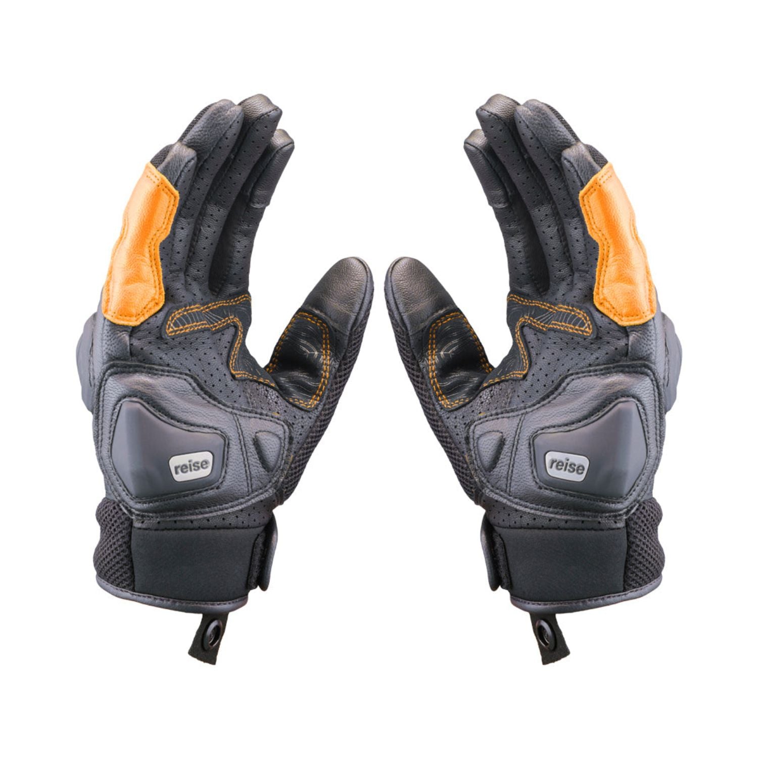 Pair of riding gloves with black mesh backs, gray palm panels, and orange cuff details.